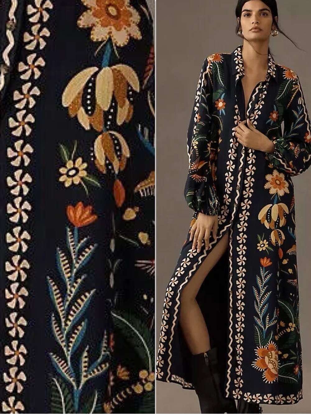 Farm Rio X Anthropologie Floral Long-Sleeve Button-Front Midi Shirt Dress